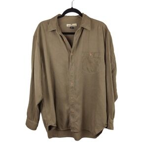 Tommy Bahama Mens Solid Tan Green 100% Silk Long Sleeve Button Down Shirt - M